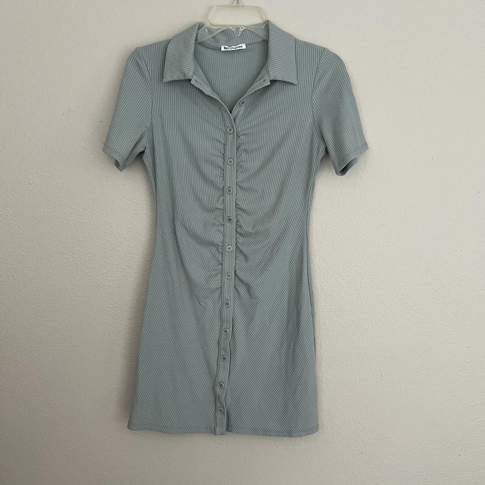 Reformation Dress Medium Lennon Ruched Button Up Ribbed Polo Collared Green Gray - Picture 2 of 6